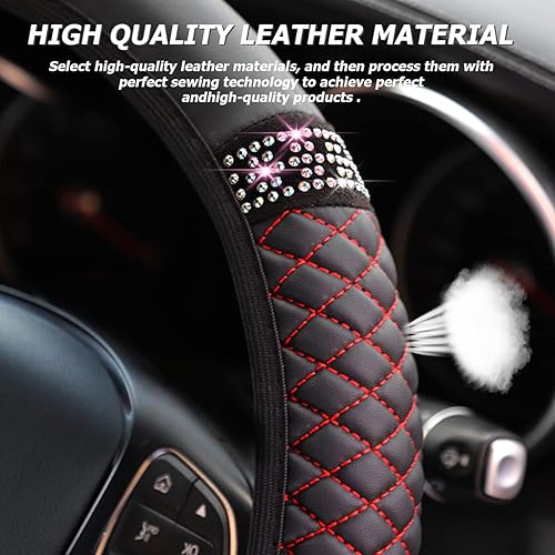 Miniatura 3 de Funda de cuero brillante para volante, protector de volante elástico con diamantes de imitación coloridos, piel sintética suave con diamantes de