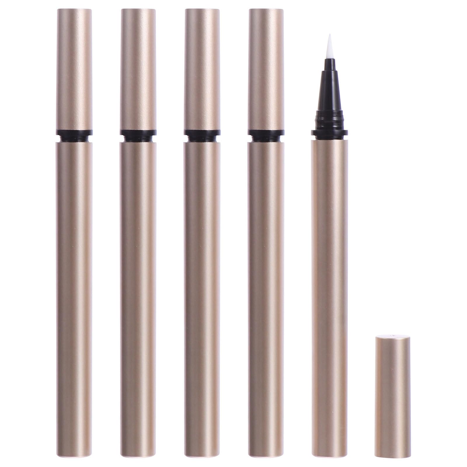LABRIMP 5 Tubos de Delineador de Ojos Líquido Recargable 1 Ml, Aplicador Bola Metálica, Envases Vacíos Dorados Mate para Maquillaje y Uso Profesional de Belleza