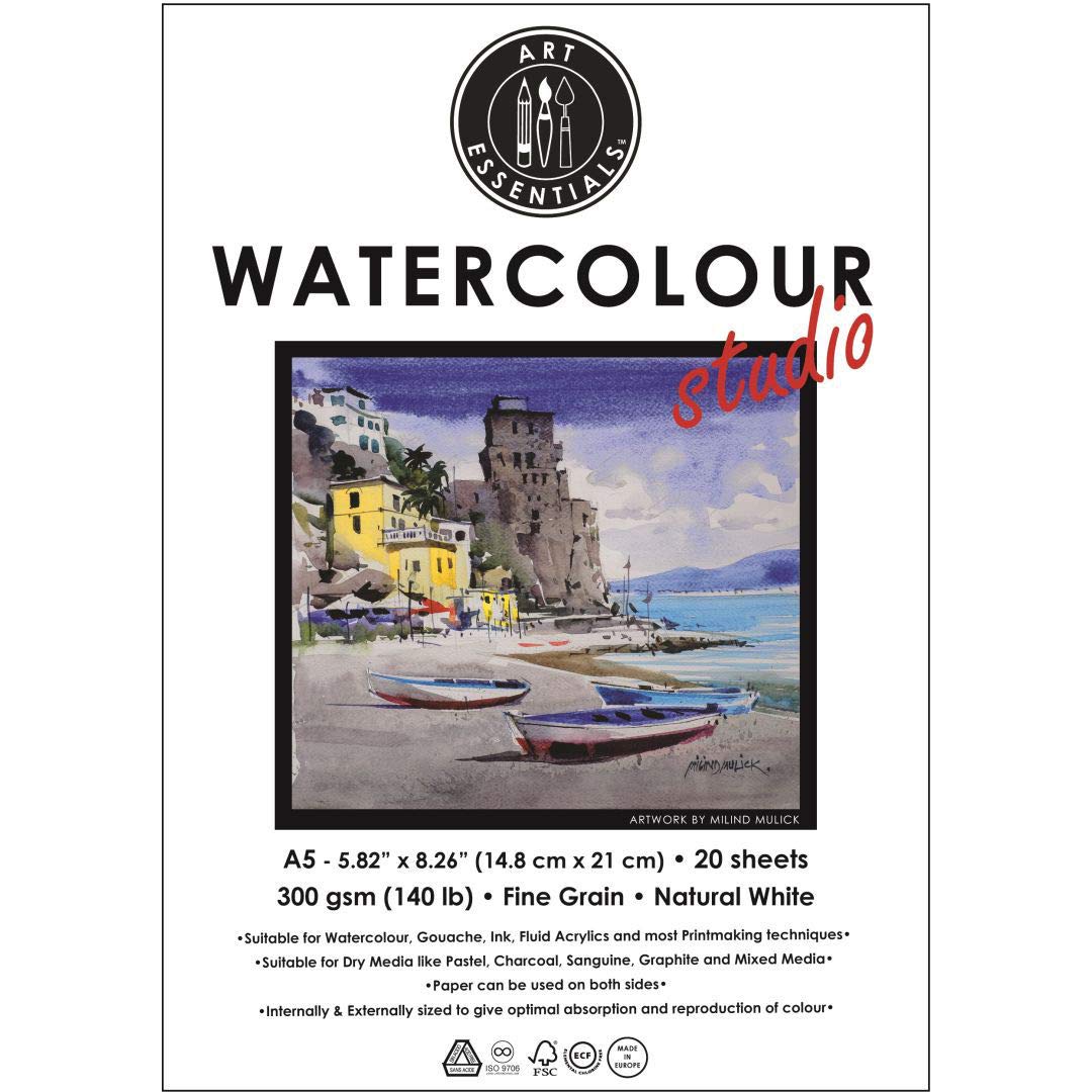 Art Essentials Watercolour Studio A5 Medium Surface 300 GSM Paper, Pad of 20 Sheets, Acid Free Papers for Water Color, Gouache, Poster Colour, Ink, Acrylic, Mixed Media, Art Painting, Drawing