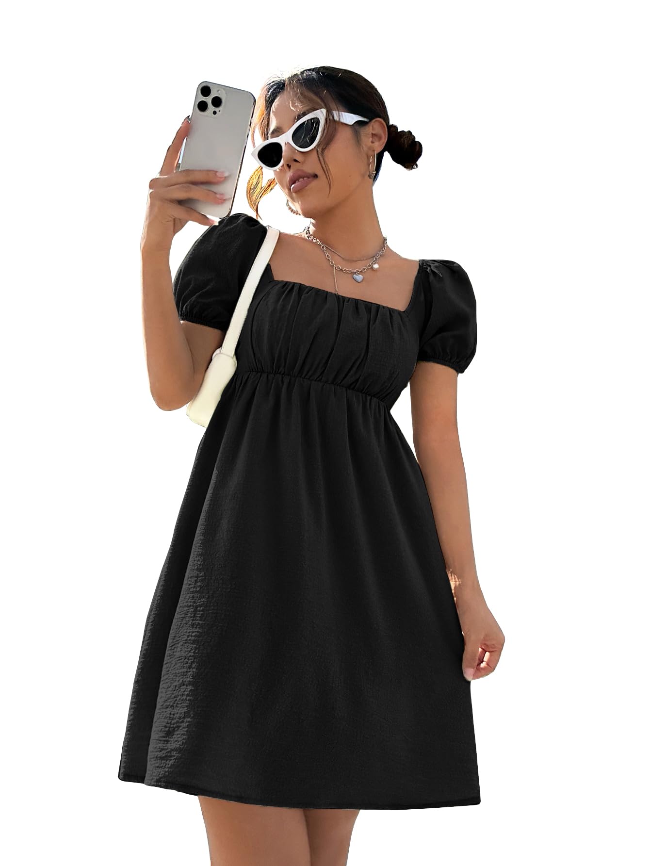 Shasmi Women's & Girl's Dress For Women L One Piece Dress For Women L Beach Dress For Women, Solid Textured Puff Sleeve Square Neck Midi Dress (Dress 115 Black-2Xl)