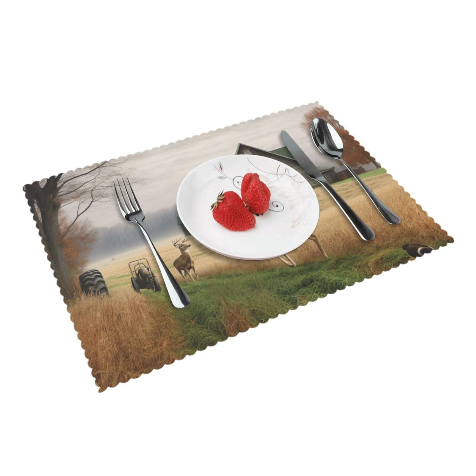Farm with Deer Printed Placemat Heat Resistant Place Mats Set of 4 PCS Washable Kitchen Table Mats, 12x18 Inch