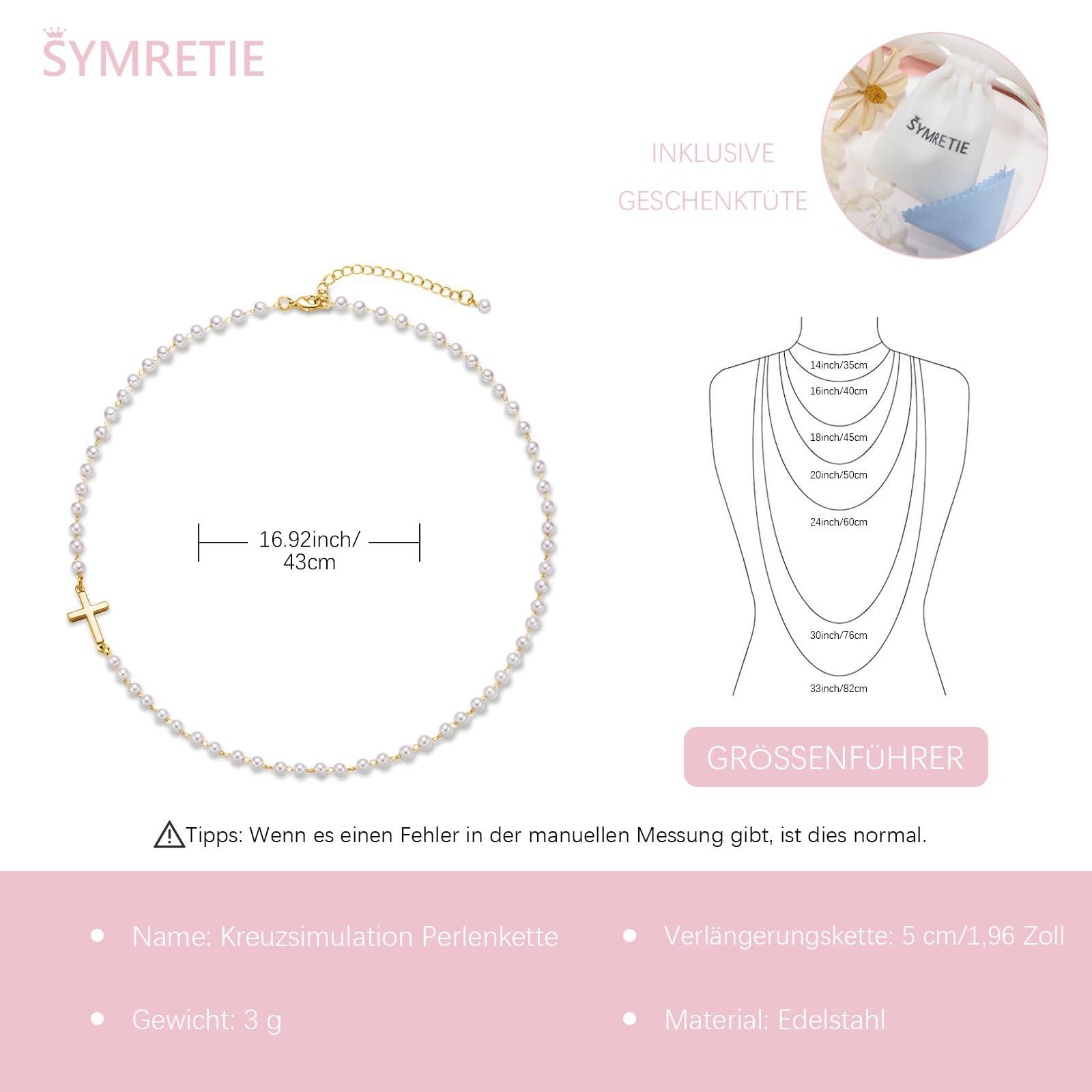Damen Perlenkette Imitationsperle Halskette mit Kreuz 4 mm Hochzeit Brautschmuck