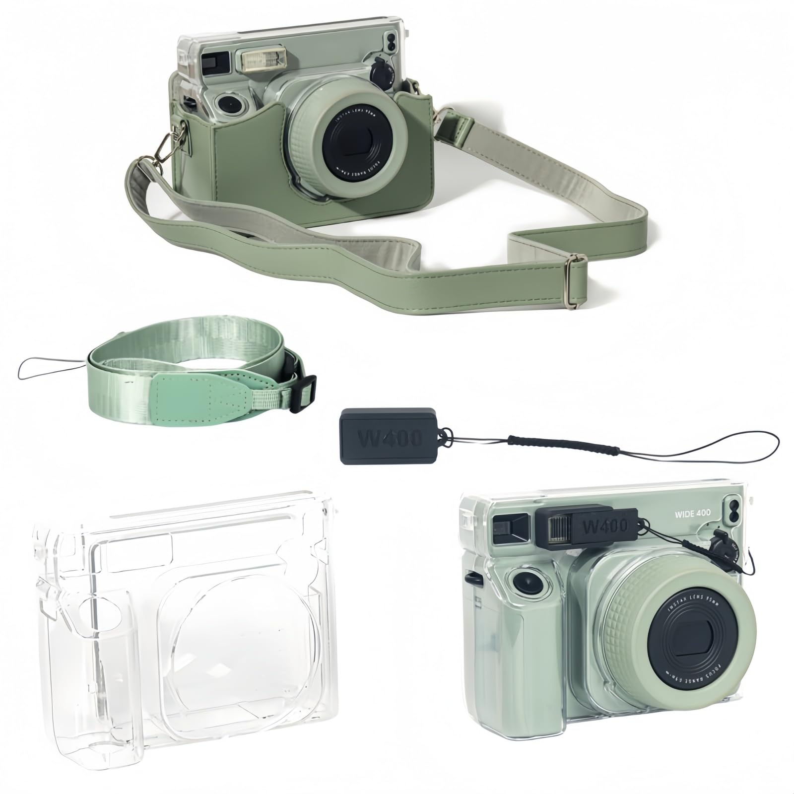 Set di accessori compatibili con Instax Wide 400, tra cui custodia protettiva trasparente, borsa per fotocamera in pelle PU, controller flash e tracolla regolabile
