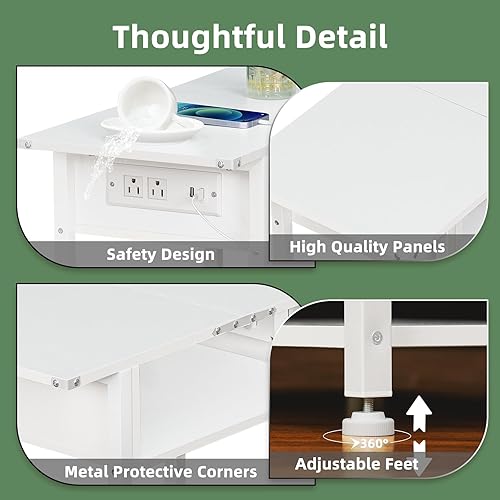 Miniatura 5 de Lerliuo Mesa auxiliar con estación de carga, mesa auxiliar estrecha con puertos USB y tomas, mesita de noche blanca delgada con estante de
