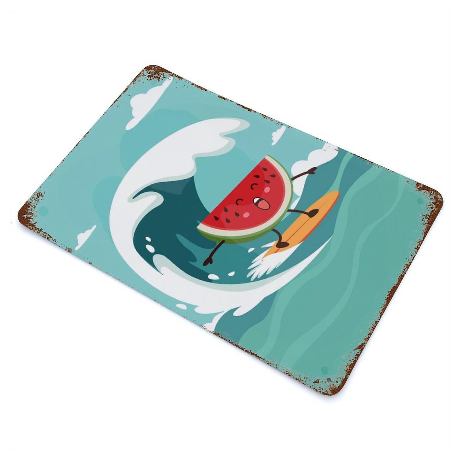 Watermelon Surfing Decorative Tin Sign 11.8"x7.9", Retro Wall Decor for Living Room, Hallway And Home Decor