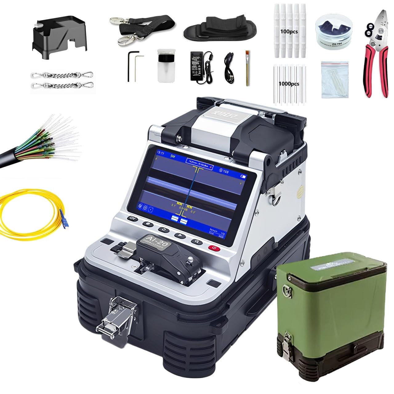 Fusionadora de fibra optica FTTH maquina fibra optica con cortadora integrada, alineacion nucleo 6 motores, empalme 6s calentamiento 15s,OPM VFL,herramienta fibra optica para instalacion telecom Al-20