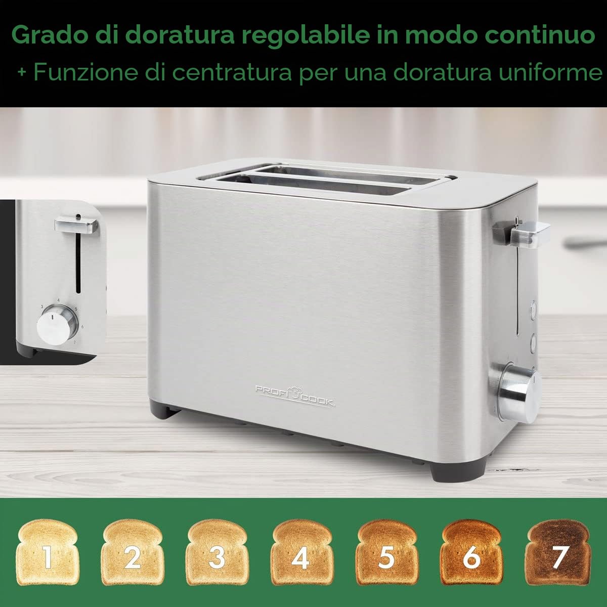 ProfiCook Tostapane | 2 fette | alloggiamento in acciaio inox | ampio slot | inserto per panino (rimovibile) | grado di doratura regolabile | cassetto briciole | avvolgicavo | PC-TA 1251