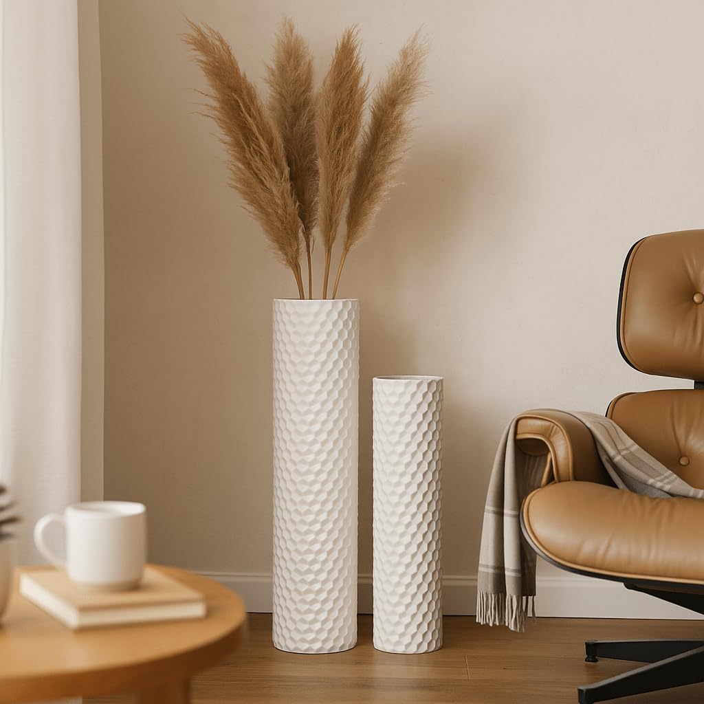 Leewadee Set di 2 Grandi Vasi da Terra Metallo per Pampas | 2 Vasi Deco per il Soggiorno, in coppia accanto a camino & TV per Pampas & rami. Infrangibile, senza schegge