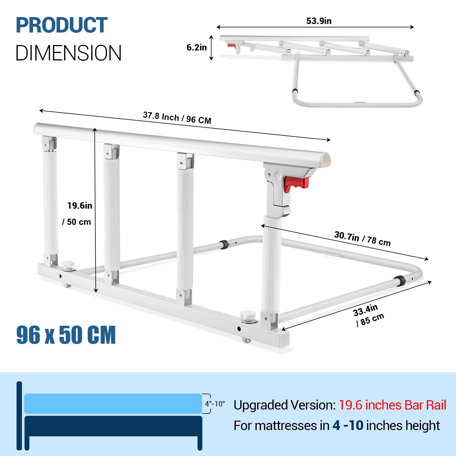 Faltbarer Bettgitter für Senioren 96x50cm Haltegriffe Sturzschutz | Stabiler Edelstahl, montierbar unter Matratze, ohne Bohren, abnehmbar, tragbar, geeignet für Zuhause und Pflegeeinrichtungent