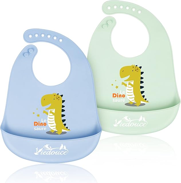 Viedouce Baby Bibs Silicone Feeding Bibs - Waterproof Weaning Bibs,Adjustable Silicone Baby Feeding Bibs,Wide Food Crumb Catcher Pocket,Food Grade,Animal Design,Easily Wipe Clean,2 Pieces