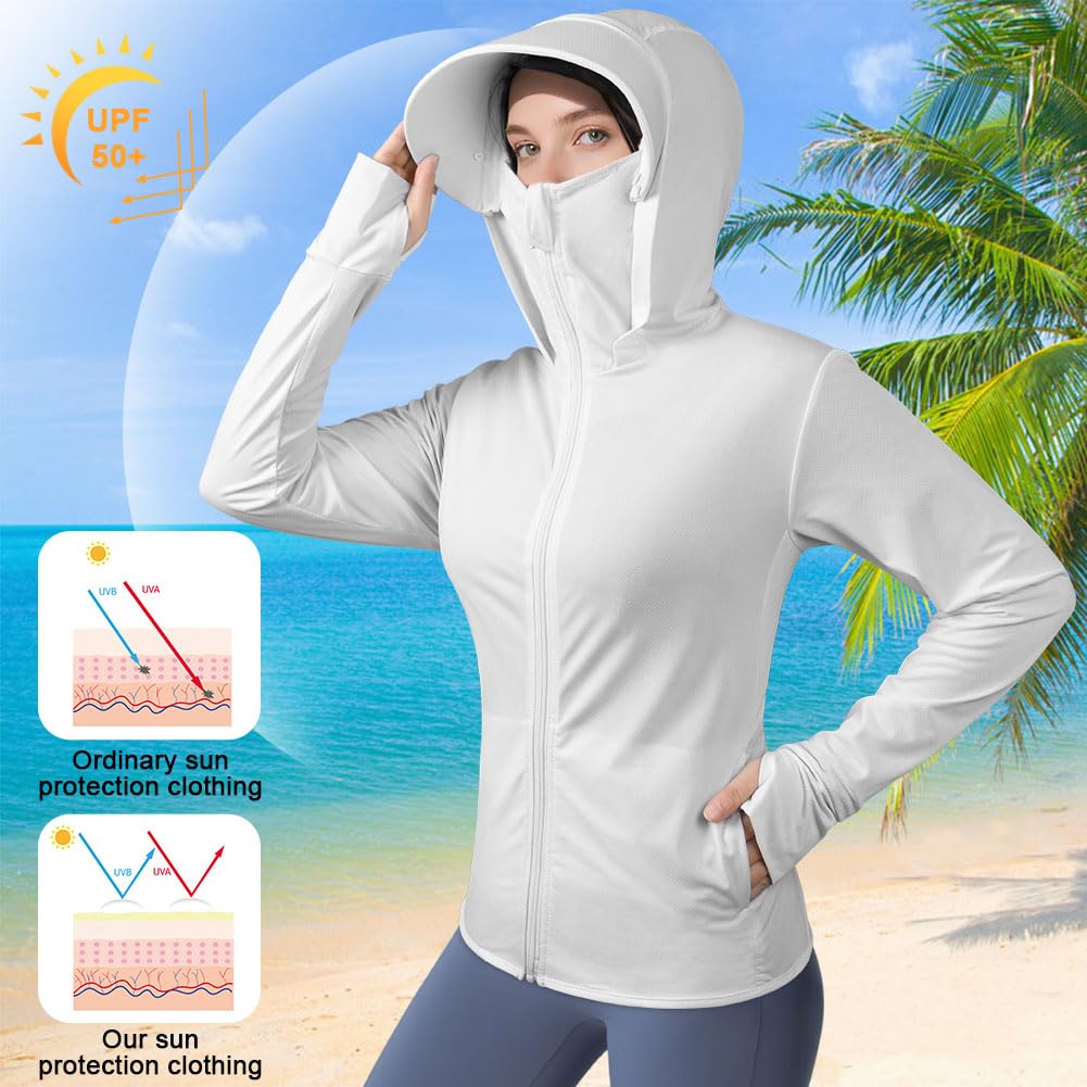 AUYAO UPF50+ Veste à Capuche Femme, Vestes de Sport Protection Solaire Respirant avec Poches, Sweat a Capuche Manches Longues, Chemise Anti UV Ete Femme Homme pour Running, Jogging, Baignade(M-L) - 4