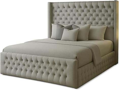Atomic Sleep Luxury Chesterfield Wingback Bed Frame - Upholstered in Plush Velvet Fabric with Mattress/Gas Lift Option - UK Made Grey Plush, Kingsize 5ft with gas lift storage