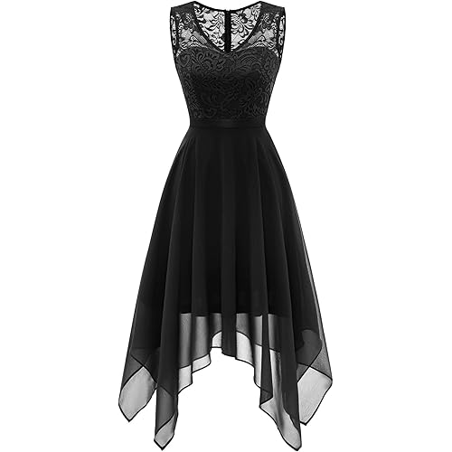 Meetjen Women's Elegant Floral Lace Sleeveless Handkerchief Hem Asymmetrical Cocktail Party Swing Dress