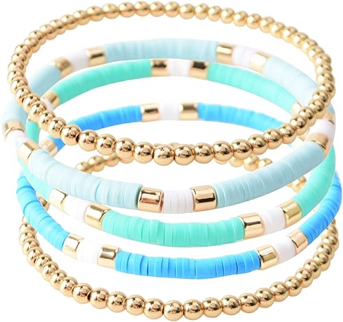 Pulseras de cuentas de arcilla estilo heishi surfista para mujer, con discos de vinilo y dije de mal de ojo, apilables, pulseras elásticas de