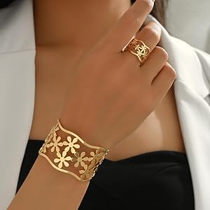 Ladies Fashion Bracelet Ring Set Combination Gold Bangle Cuff Elegant Jewelry Gift Set