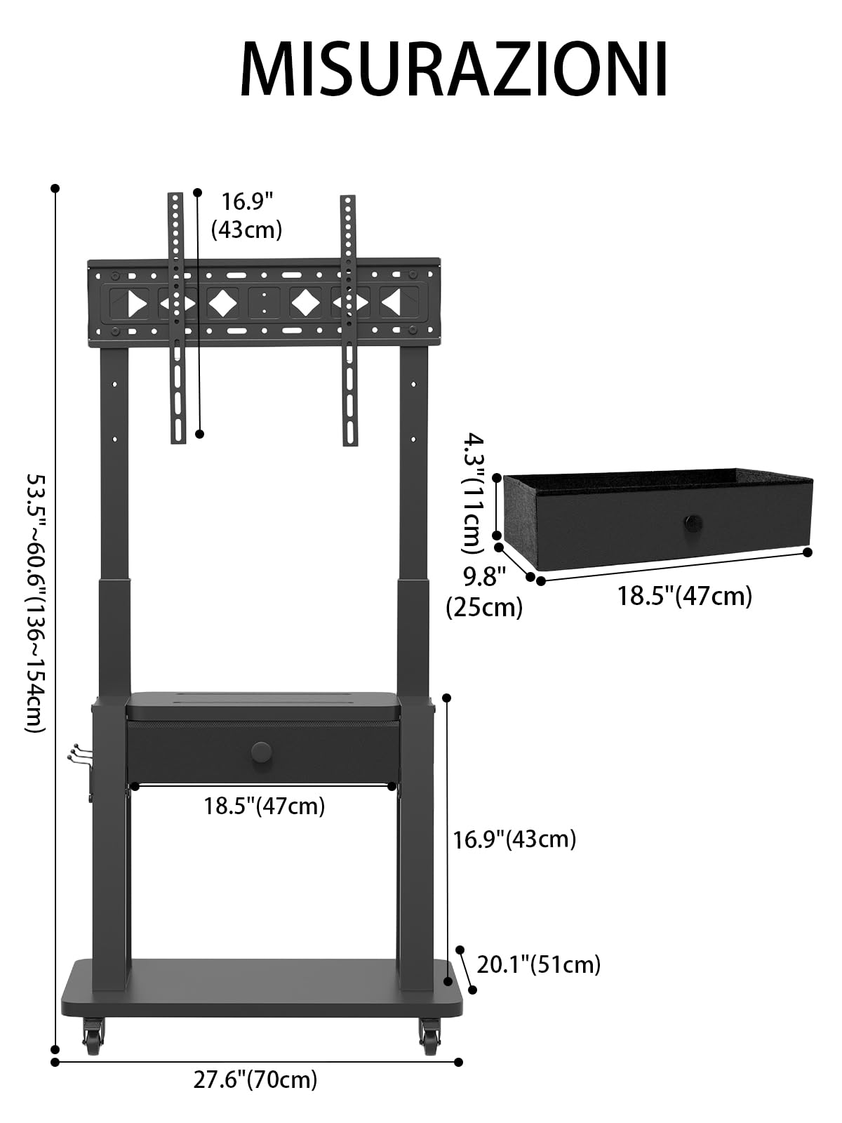 Supporto TV con cassetto in tessuto, per schermo piatto/curvo da 32"-75", fino a 200 libbre LCD/LED/OLED, carrello per TV mobile con ruote per casa ufficio all'aperto Max VESA 600 x 400 mm, nero