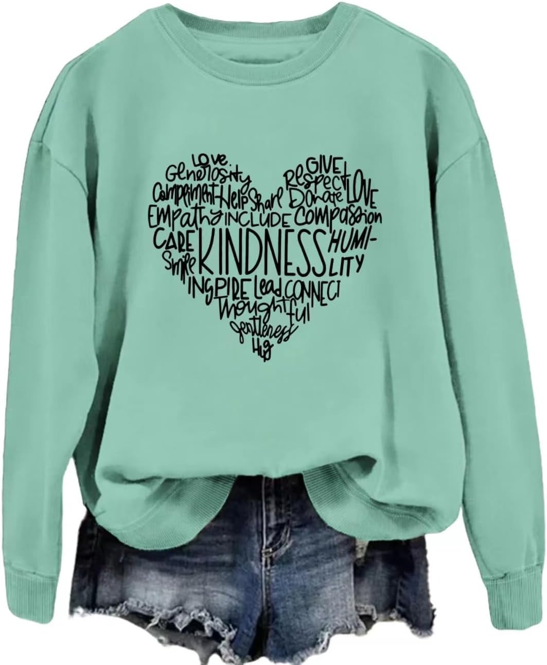 Women’s Kindness Love Heart Graphic Sweatshirt: Inspirational Letter Printed Shirt Encouraging Kindness Pullover Tops