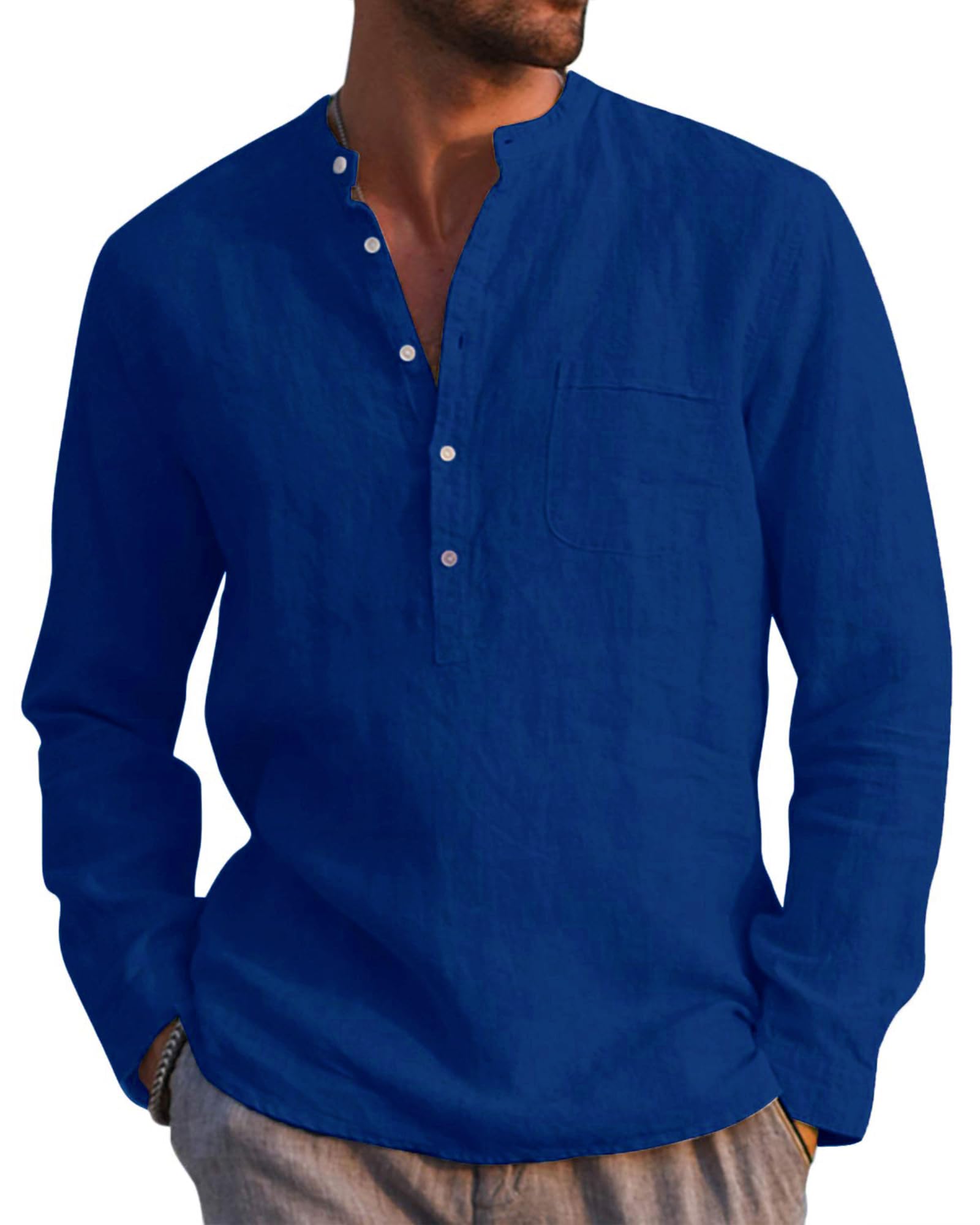 LVCBL Hemd Herren Langarm Henley Sommerhemd Herren Freizeithemd Leinenhemd Regular Fit Men Shirts