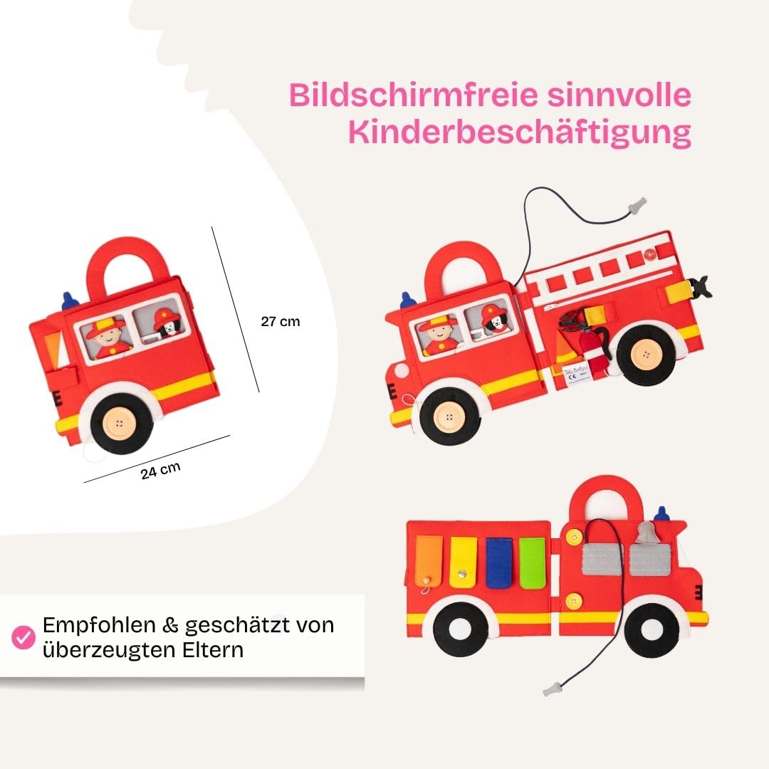 Jolly Designs Travel Buddy Vigili del fuoco – Montessori Giocattoli a partire dai 18 mesi – Busy Book & Libro in stoffa in feltro – Giocattoli educativi & Libro in moto per bambini – Giocattoli da