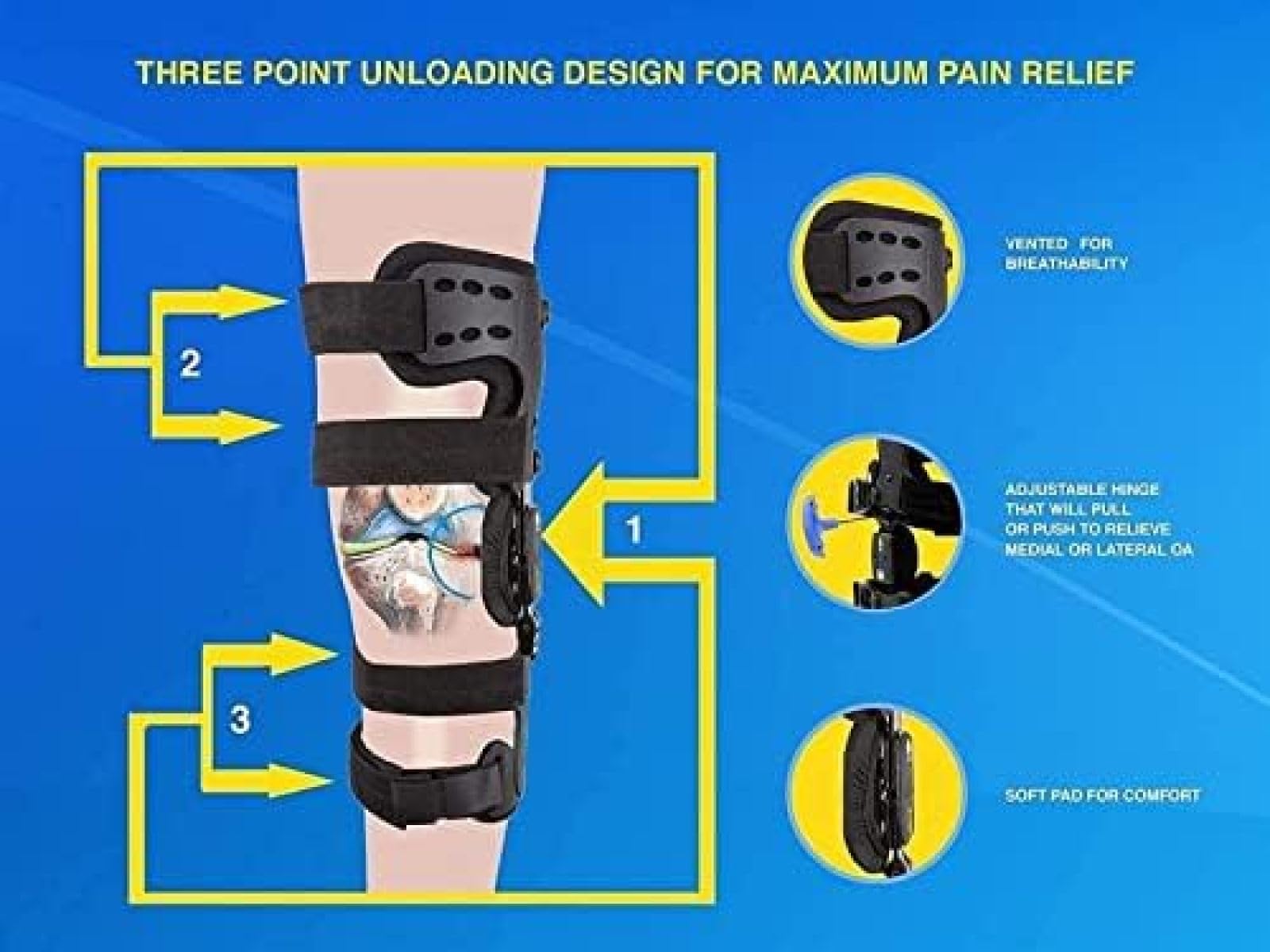 Rodillera con descarga medial, rodilleras para dolor de rodilla por lesión del ligamento cruzado anterior, lesión del ligamento colateral de la rodilla, tamaño universal, se vende como una s