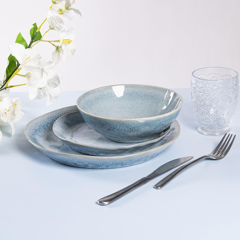 Villa D'Este Home Tivoli Speiseteller Oval | 6er-Set Steinzeug | 28,5x24cm | Aquamarin/Schwarz