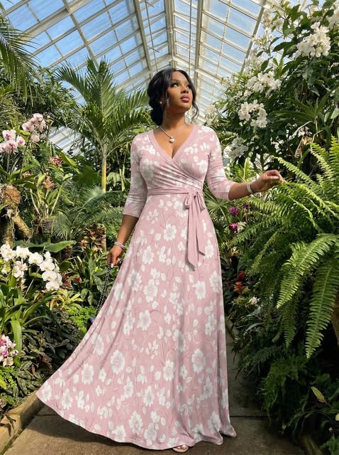 Image of PinkPatty Plus Size Maxi Dresses for Women Casual Flowy Long Dress 3 /4 Sleeve V Neck Wrap Dress with Belt