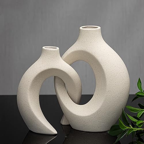 Cream Color Ceramic Vase for Modern Home Decor, Matte Snuggle Hollow Flower Vase for Pampas Grass,Boho Decor Donut Vase Set of 2 for Coffee Table Office Bookshelf Living Room Decor