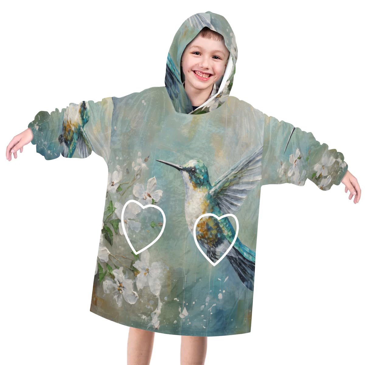 Wearable Blanket Hoodie for Kids, Colorful Birds Fleece Sweatshirt Blanket Oversized Blanket Sweatshirt with Pocket Flannel Warm Hooded Blanket 6-10 Year Old Girl Boy Gift, One Size