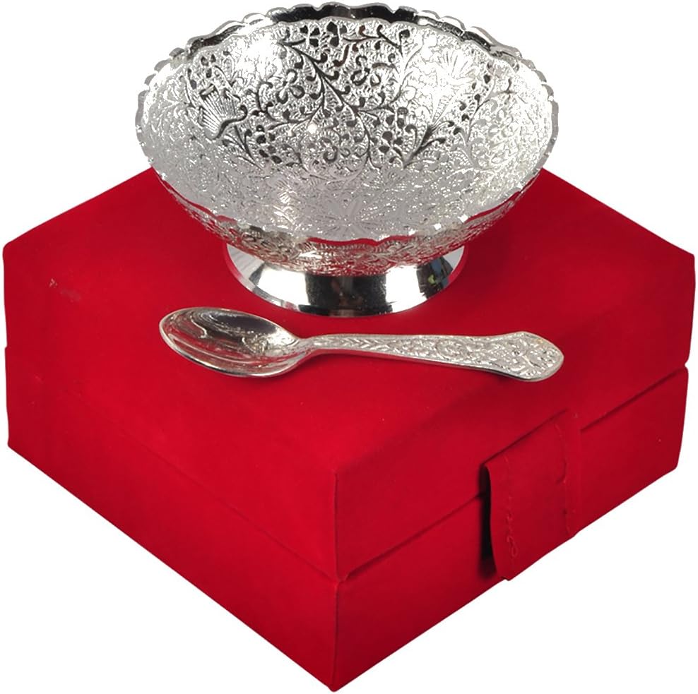 JAIPUR ACE Royal Brass Floral Bowl Set with Spoon (2 Piece, Silver)