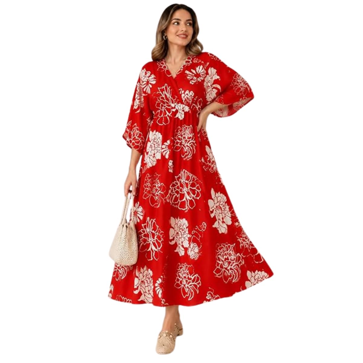 vastrika trends Women's Floral Printed Maxi Dress | V-Neck Flared A-Line Casual Dress for Women | 3/4 Bell Sleeve Long Dress | Elegant Red Printed Dress for Women & Girls-picture-25