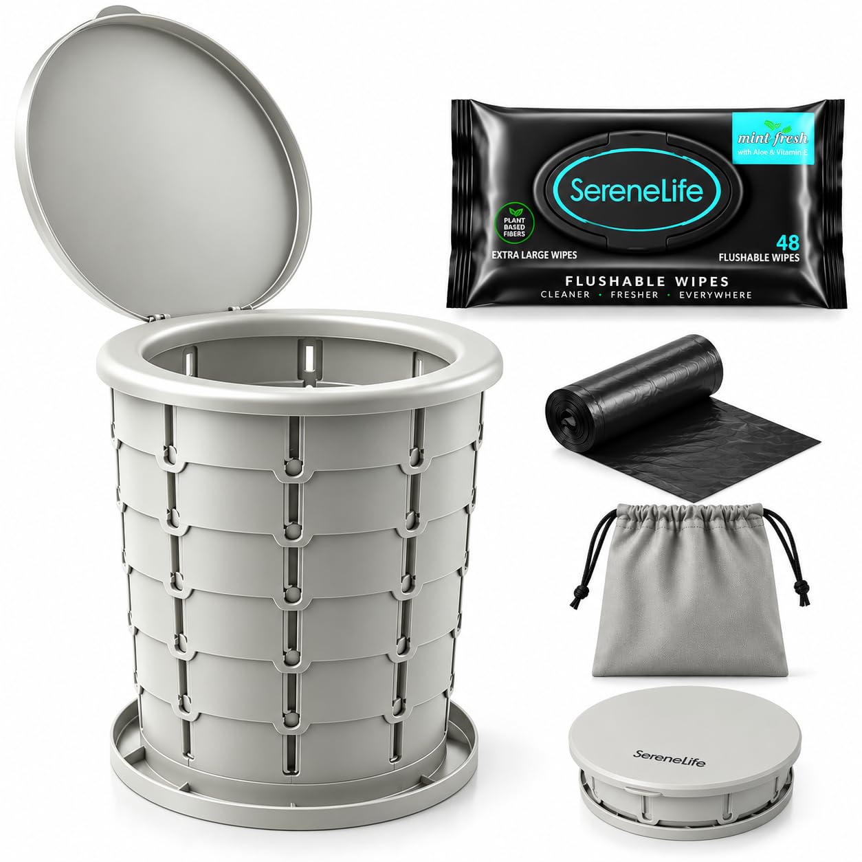 SereneLife Portable Camping Toilet, Adjustable Height Foldable Travel Potty with Lid, Carry Bag, 48 Flushable Wipes &amp; Trash Bags, 330 Lbs Capacity, for Camping, Hiking, Boating &amp; Emergencies