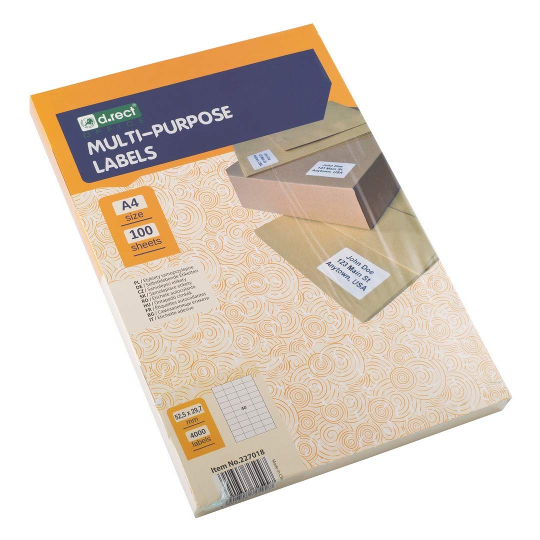 D.RECT Adhesive Labels | Universal Labels (55.5x29.7mm) | Self-Adhesive Printable 100 Sheets | 4000 Pieces | White