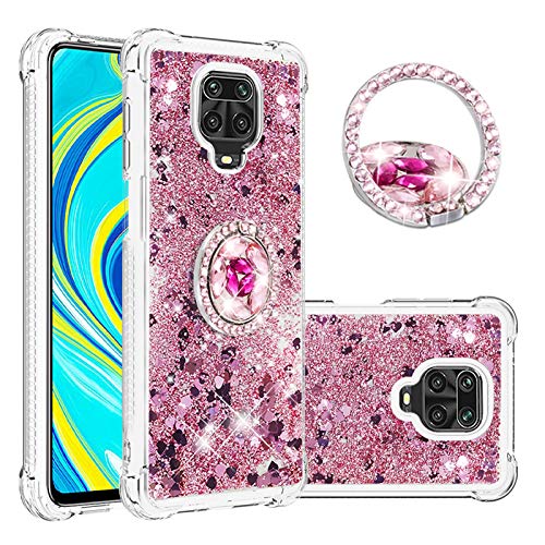 Redmi Note 9S Case, Redmi Note 9 Pro/Note 9 Pro Max Case,Gift_Source Bling Glitter Liquid Case Clear Slim Soft Cover with Ring Stand for Xiaomi Redmi Note 9S/Note 9 Pro/Note 9 Pro Max 6.67"[Rose Gold]