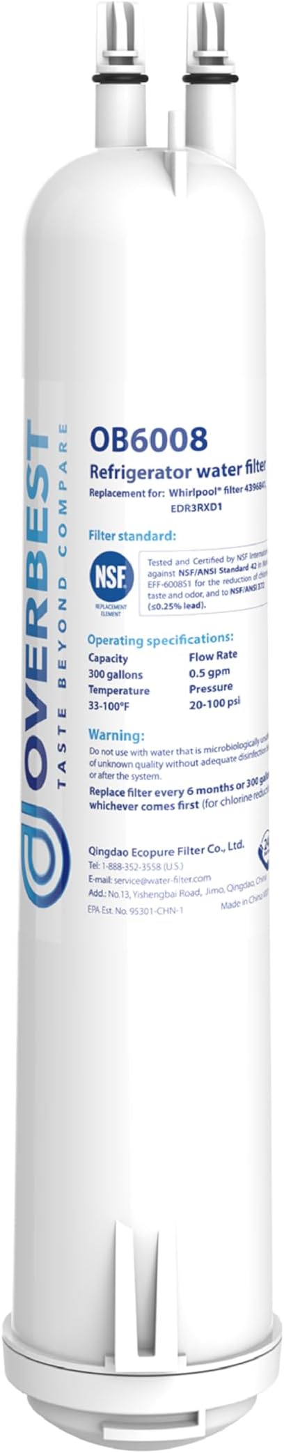 Overbest OB6008 Replacement for 4396841 Refrigerator Water Filter, Filter 3, EDR3RXD1, 4396710, 46-9083, 1 Filter