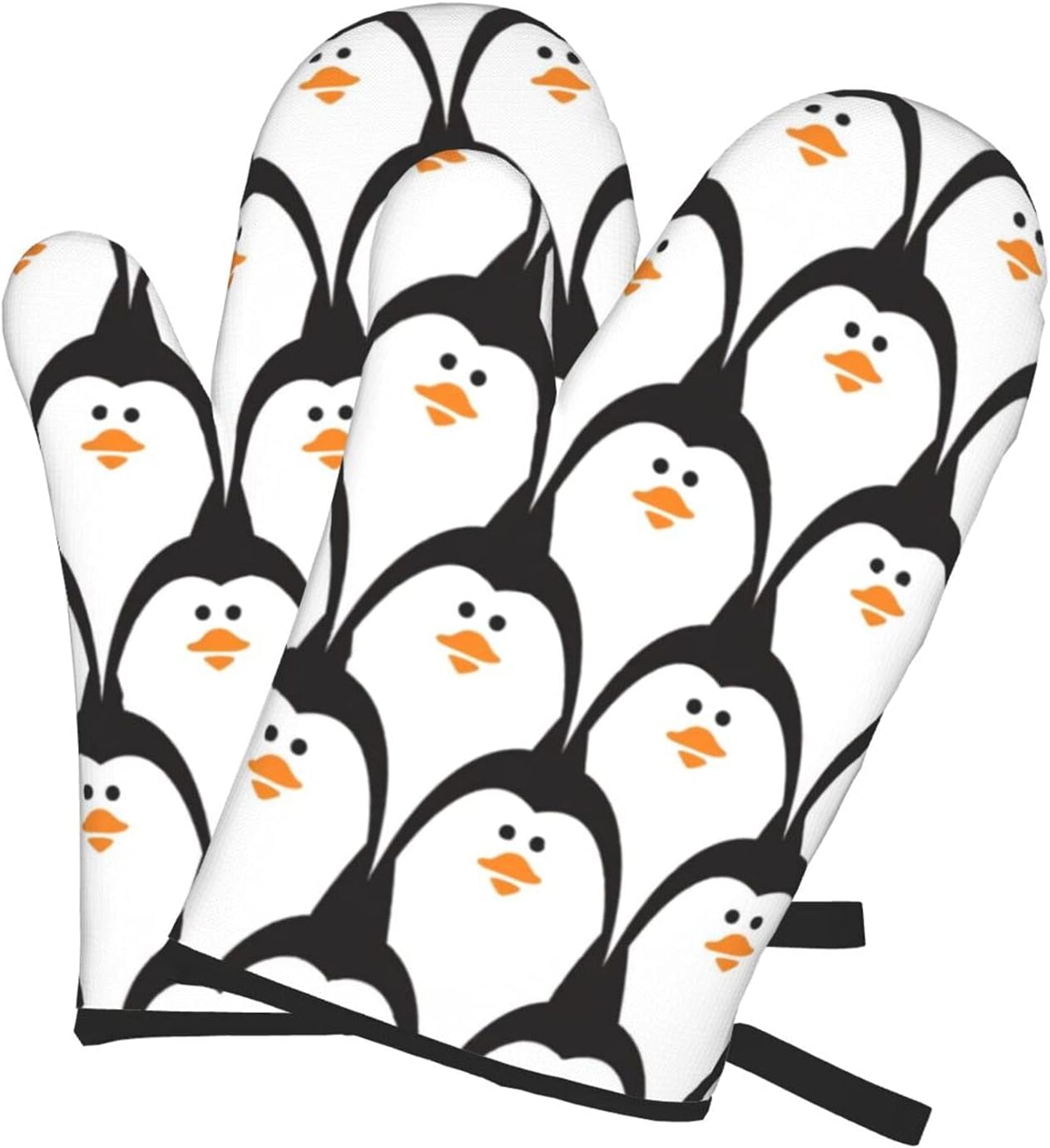 White oven mitts with multiple penguin prints on them