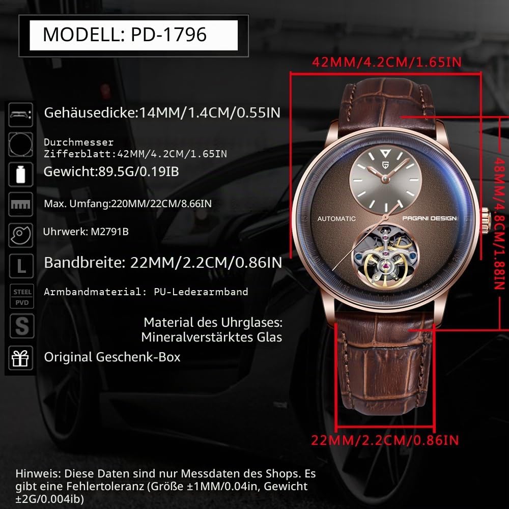Orizontime Pagani Design Automatische mechanische Uhren für Herren, 42 mm Zifferblatt, Lederband, Silber, blau, Luxuriös