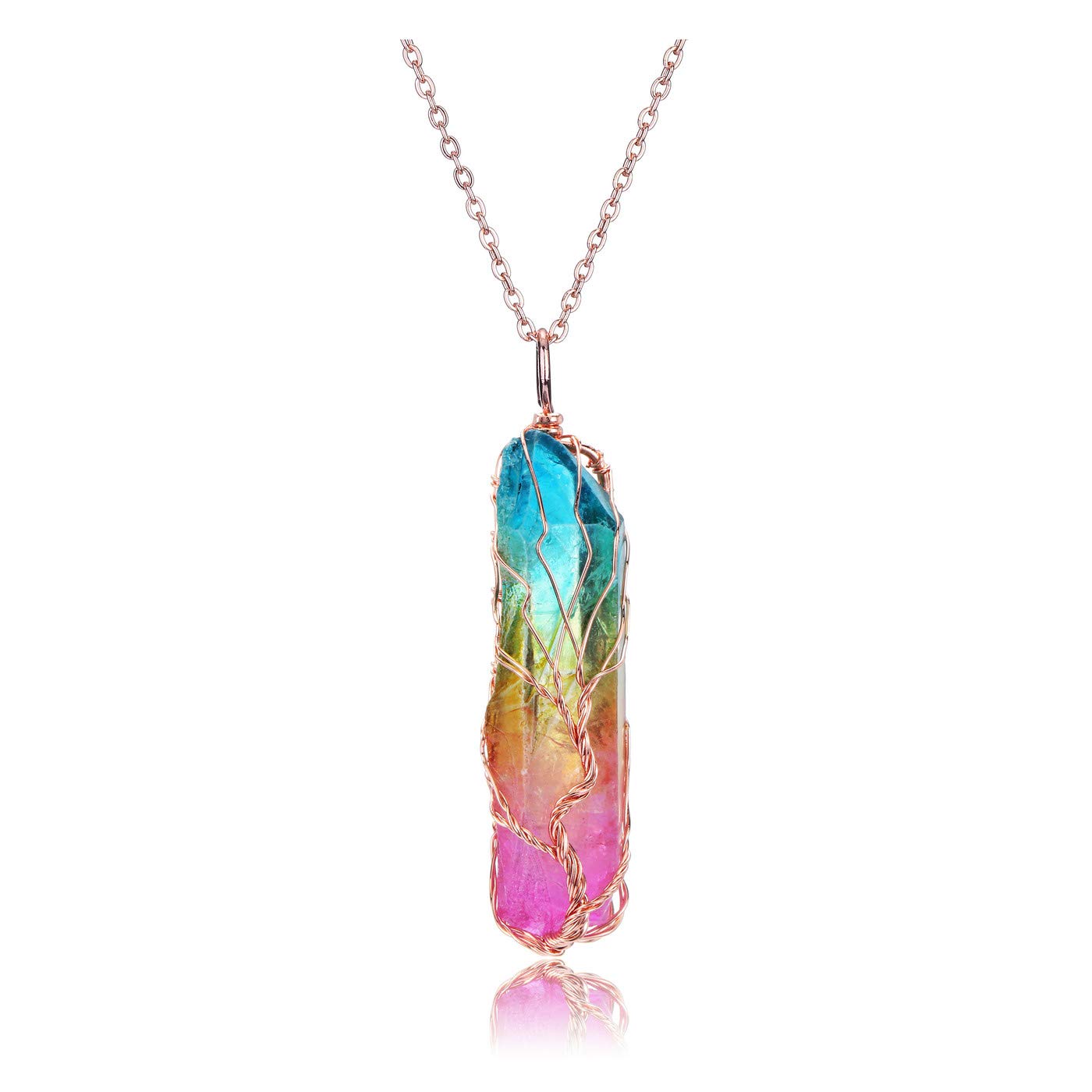 JSDDEHealing Crystal Necklaces Life Tree Wire Wrapped Rainbow Quartz Gemstone Pendant Necklace for Women Rose Gold Gift