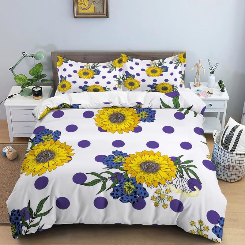 Housse de couette 140x200 microfibre avec 2 taies d'oreiller 65x65 motif tournesol blanc