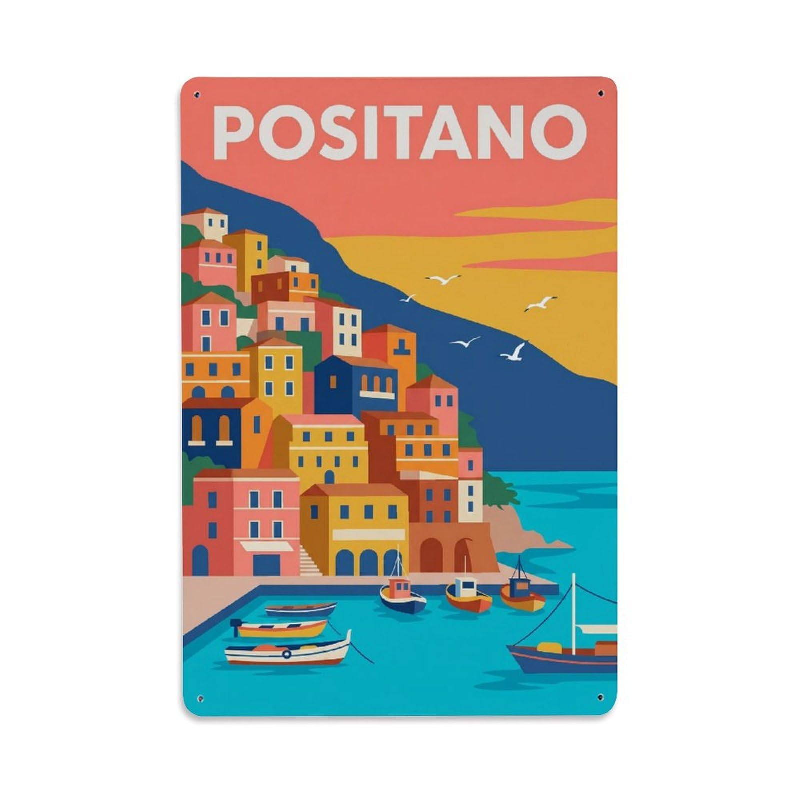 Vintage Travel Positano Italy Coastal Metal Tin Sign Plaque Wall Decor for Cafe, Club Bar, Office, Garden Metal Poster 8x12Inch
