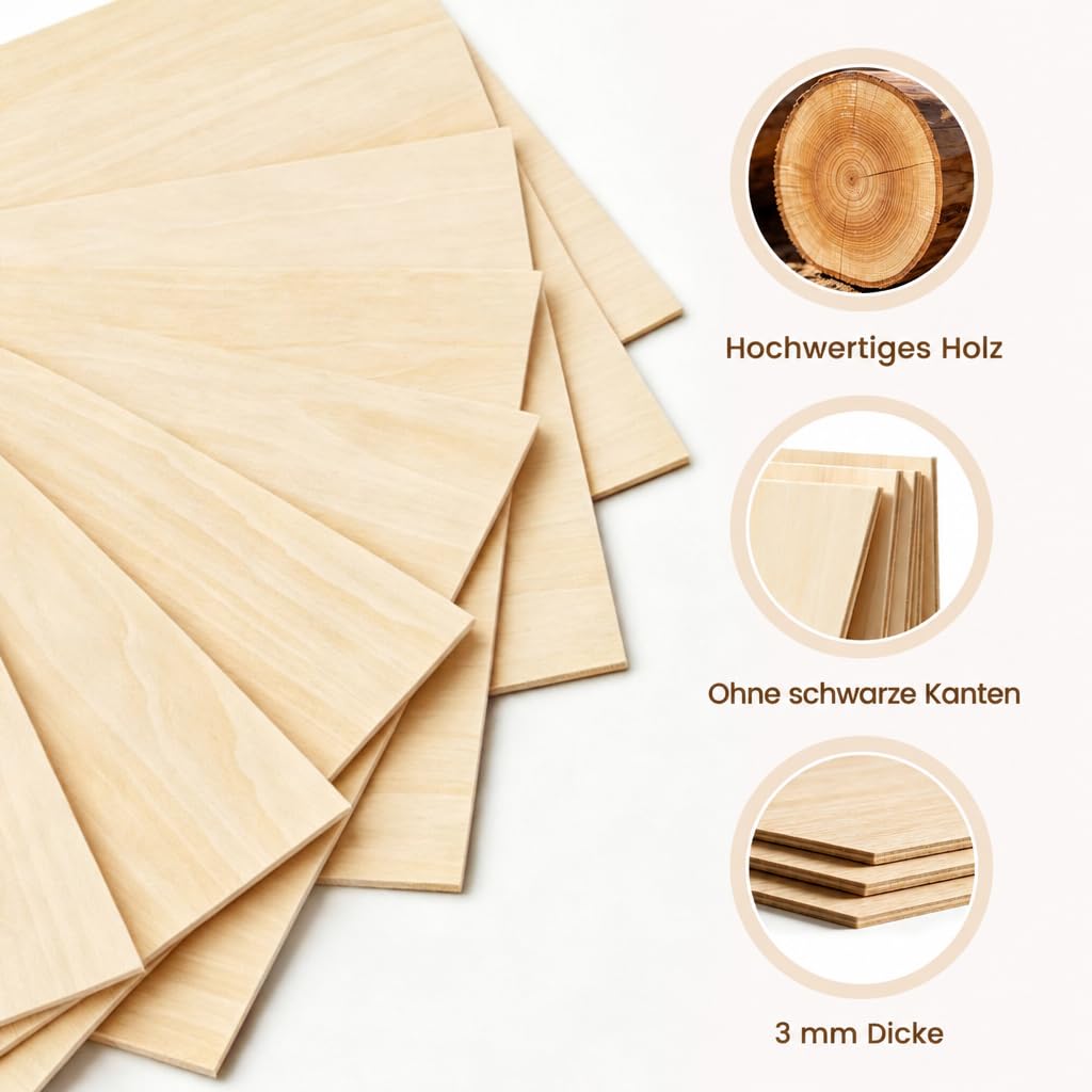 25 Stück A3 Birken Sperrholz 3mm Laserfähig Sperrholaplatte, Holzbretter zum Laserschnitt, Lasergravur, Basteln, Brandmalerei, Modellbau Birkensperrholz (420x297x3mm) | Fein geschliffene Oberfläche,Geringe Verformungsneigung,Stabil bei Laserschneiden