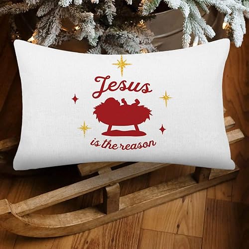 Miniatura 4 de Juego de 4 fundas de almohada de Navidad de 12 x 20 pulgadas, juego de 4 fundas de almohada religiosas Navitity en rojo y blanco, para Navidad,