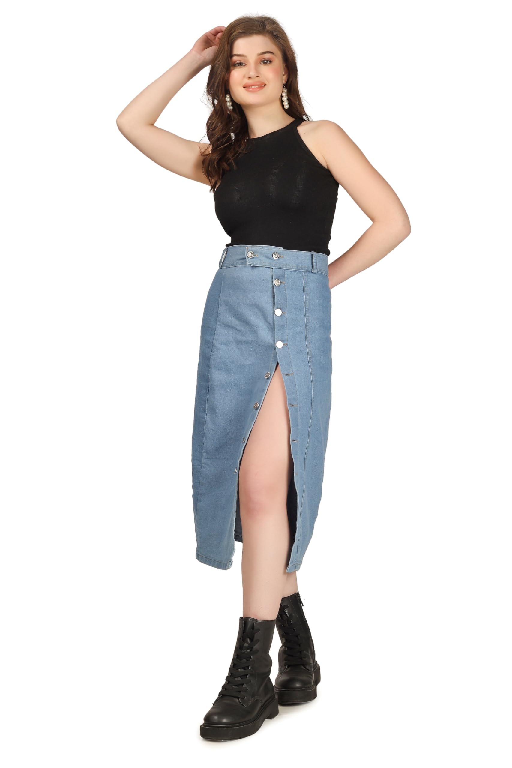 K K Denim Long Straight Button Side Split Skirt for Women & Girls-image-21