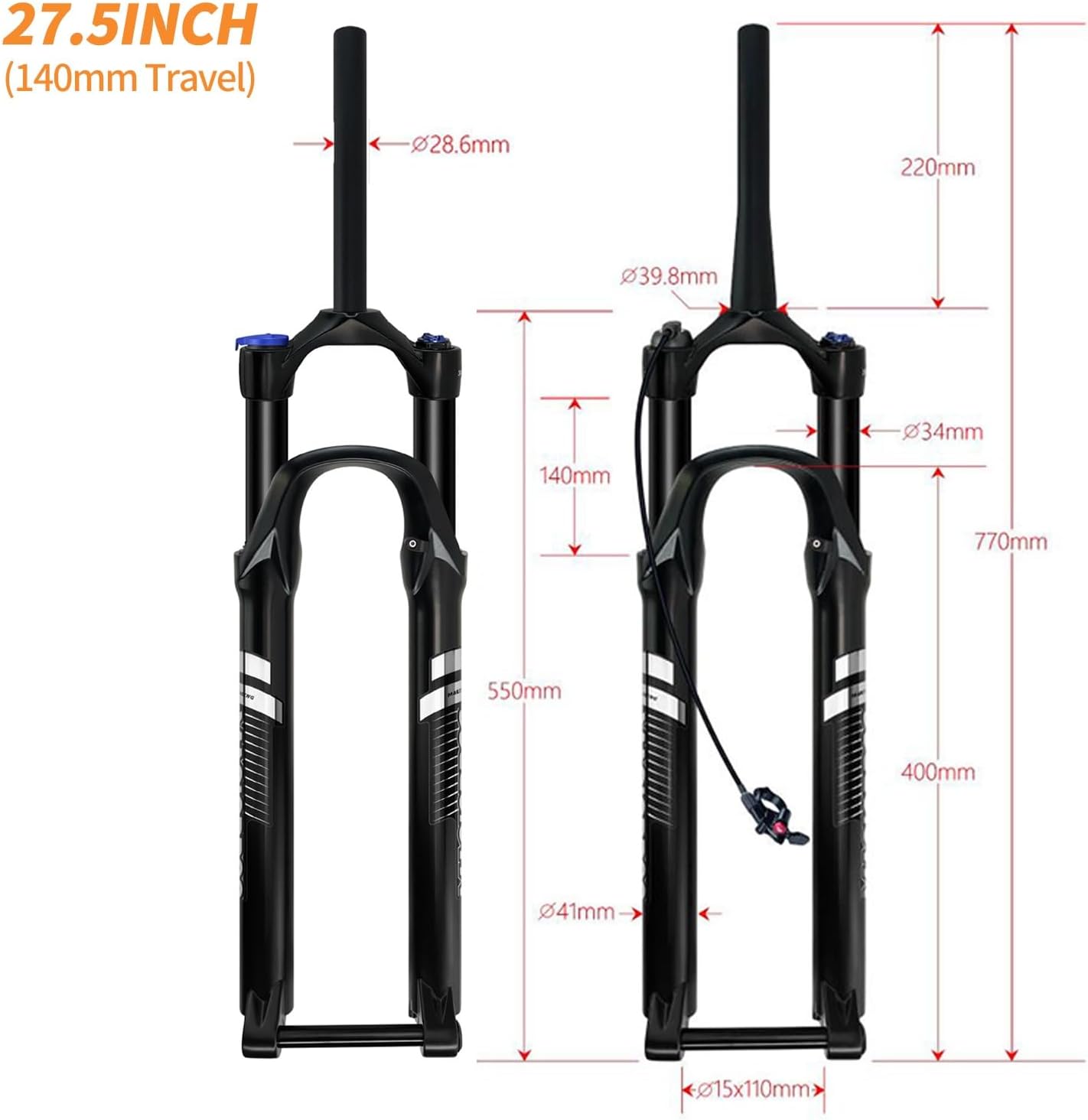 Bike Forks 27.5/29inch Mountain Bike Suspension Fork 1-1/8" Straight/Tapered Air Forks Travel 140mm Disc Brake Bike Front Fork Thru Axle 15 * 110mm Boost Rebound Damping(Straight-Manual,27.5")