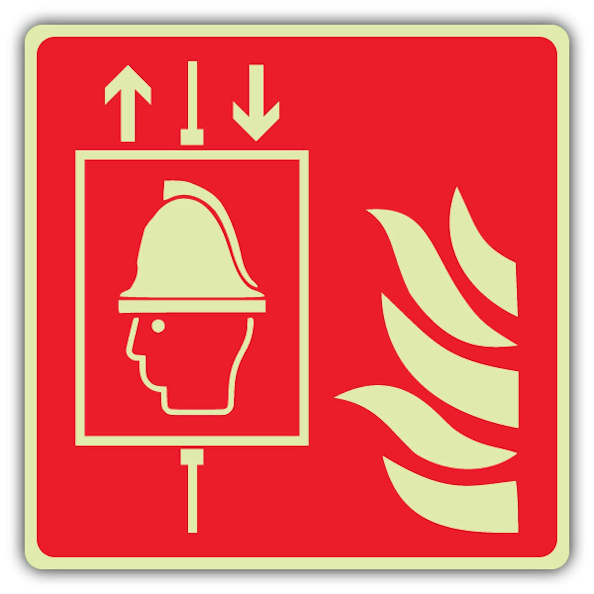V Safety - Señal con símbolo de ascensor de bomberos que brilla en la oscuridad, formato de símbolo, 450 x 450 mm, hecho de vinilo autoadhesivo de triple brillo, señalización de seguridad contra