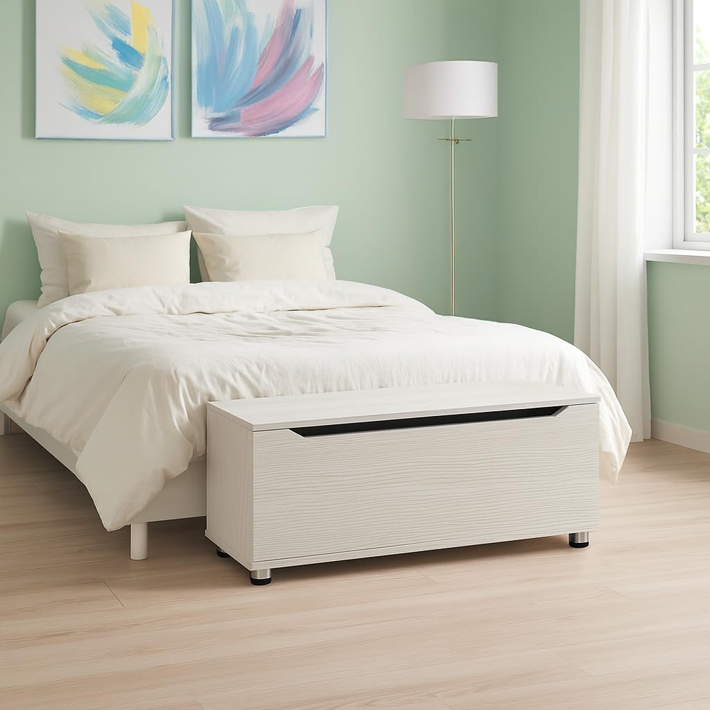 Cassapanca Contenitore Rettangolare in Legno Bianco - Portaogetti, da Ingresso, Poggiapiedi, Salvaspazio, Camera da letto, Soggiorno, Design Moderno, con Venature - 100X40X35h CM