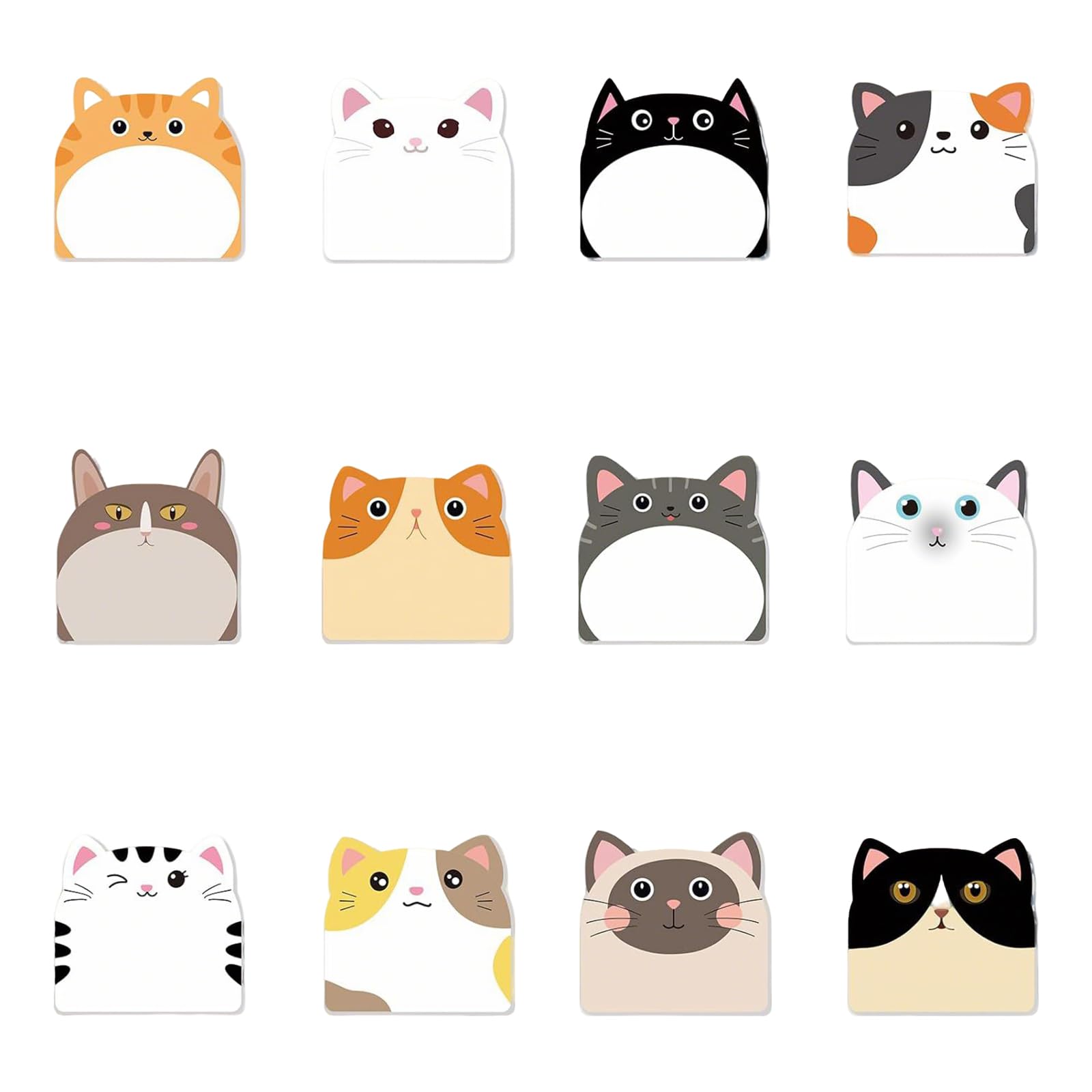 Cat Sticky Notes, 12 Pack Self-Stick Cute Sticky Notes, Kawaii Cartoon Cat Shape Design Cute Stationary Notes Pack for School Office Home Party Bags Fillers 5.9x5.6cm, 30 Sheets per Pad