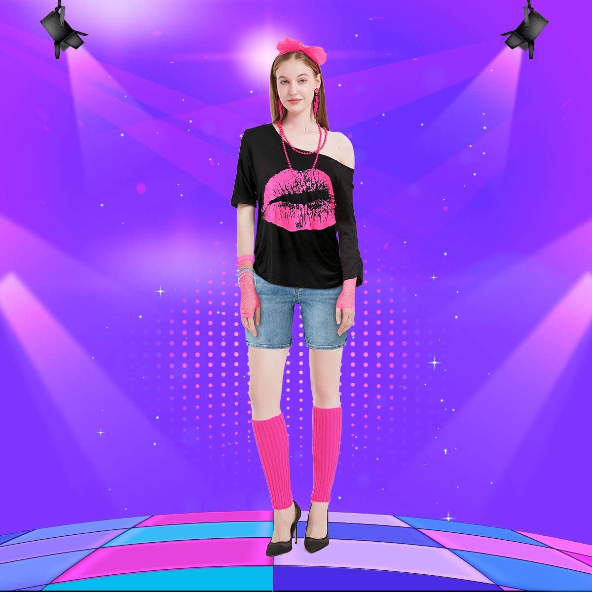WILDPARTY 80s Costume Accessories for Women, 80's Print Off Shoulder T-Shirt Headband Earring Necklace Fishnet Gloves Legwarmers for 80s Party Halloween 80s Outfit for Women 22PCS (Pink XS) - Image 5