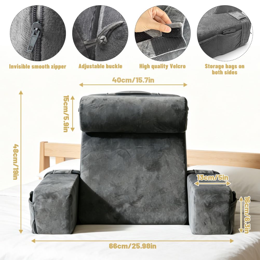 Poduszka do czytania na łóżko i sofę, poduszka pod plecy z podłokietnikami i poduszką pod głowę, ergonomiczny design 45°, poszewka nadająca się do prania, poduszka do siedzenia, oparcie na