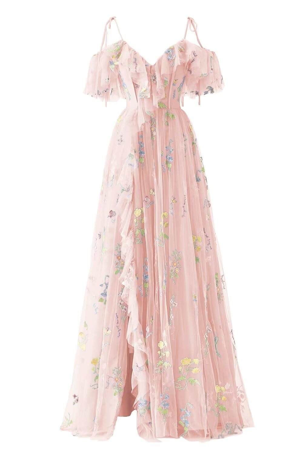 Basgute Women's Flower Embroidery Tulle Prom Dresses Slit Long Spaghetti Straps V Neck Fairy Formal Evening Party Gown