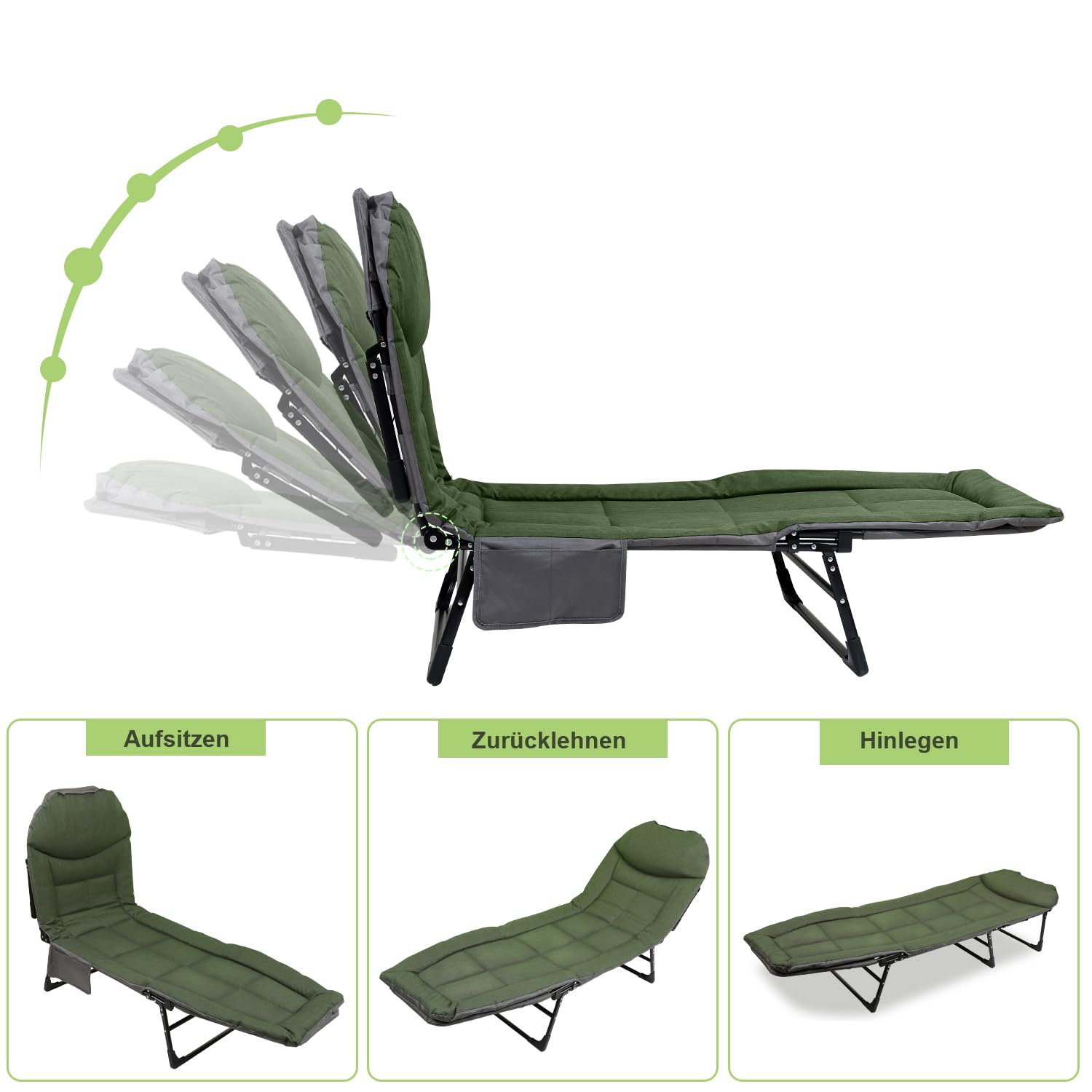 Angelsport Karpfenliege 195 x 65 x 32 cm Angelliege bis 160KG Campingliege Höhenverstellbare Faltbares Feldbett mit Tragetasche Fischerliege für Camping, Angeln, Gärten Grün